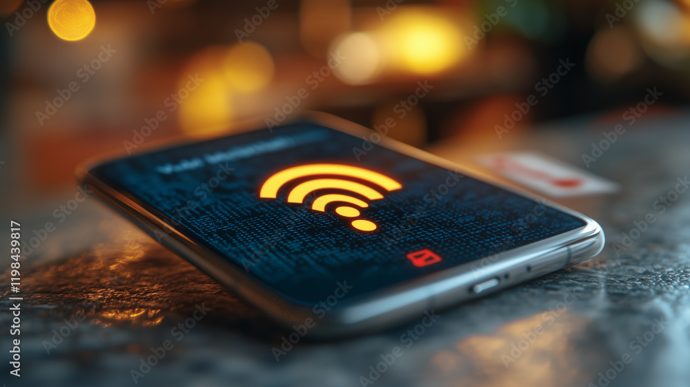Poster smartphone wireless connection: a sleek smartphone rests on a dark surface, its screen displaying a 