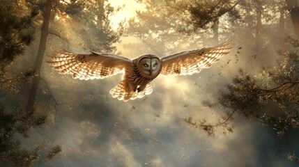 Obraz premium Majestic owl in flight through sunlit forest.