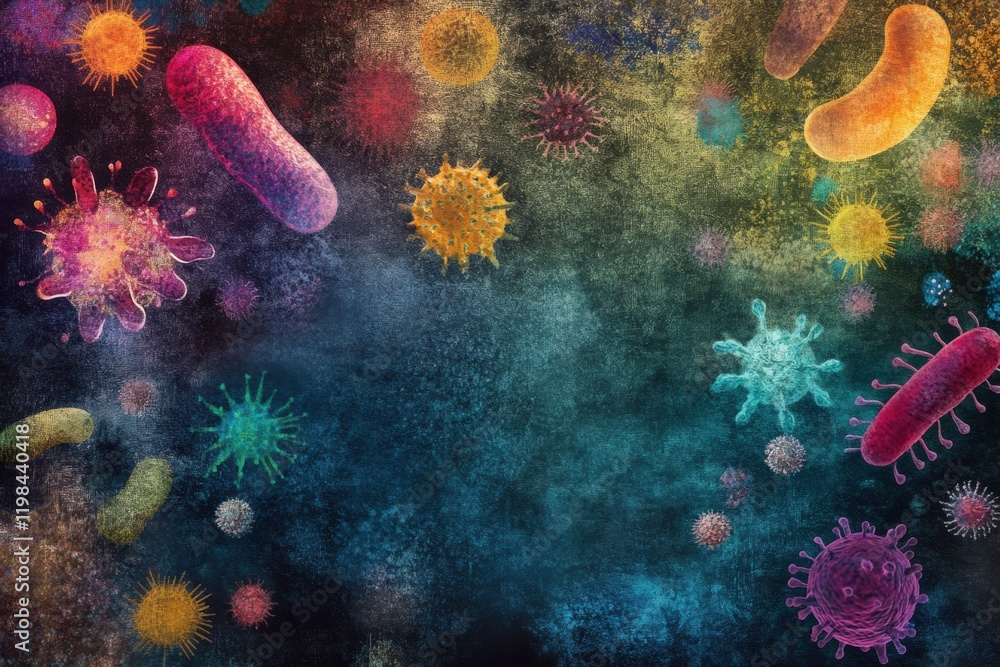 Poster colorful array of bacteria and microbes floating in a dark background showcasing the diversity of mi