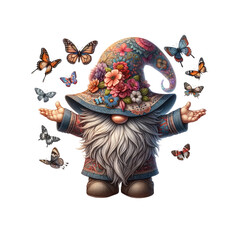 A whimsical gnome in a colorful floral hat stands with outstretched arms, surrounded by butterflies.