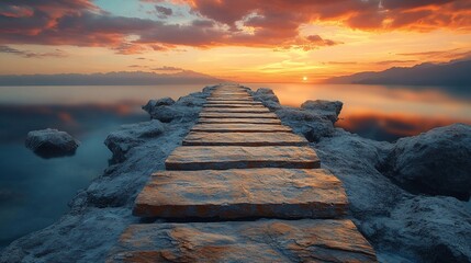 Wooden pier sunset, calm lake, mountains, vibrant sky, peaceful travel destination