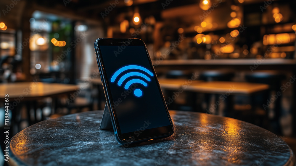 Poster cafe wifi hotspot: smartphone displaying wifi symbol on screen, standing on small table in a cozy ca
