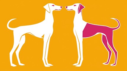Obraz premium Two stylized dogs facing each other, minimalist art, orange background, pet illustration