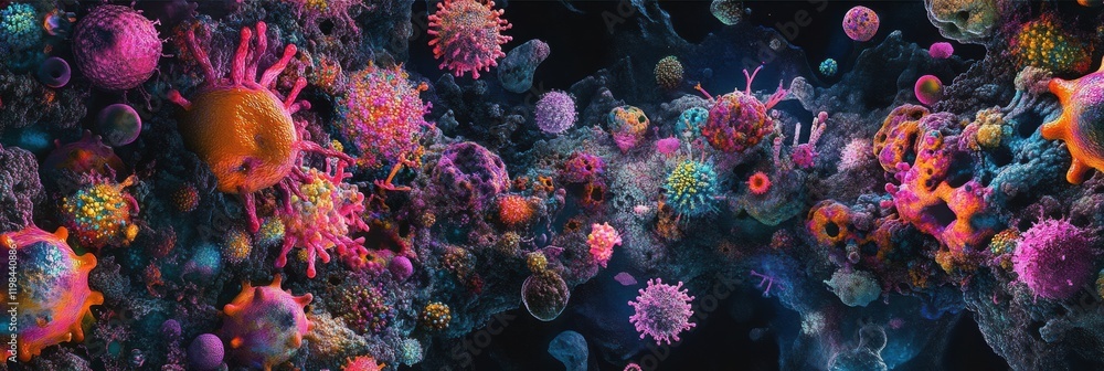 Aufkleber Vibrant array of bacteria and microbes showcasing diversity in a microscopic world with intricate shapes and colors. Generative AI