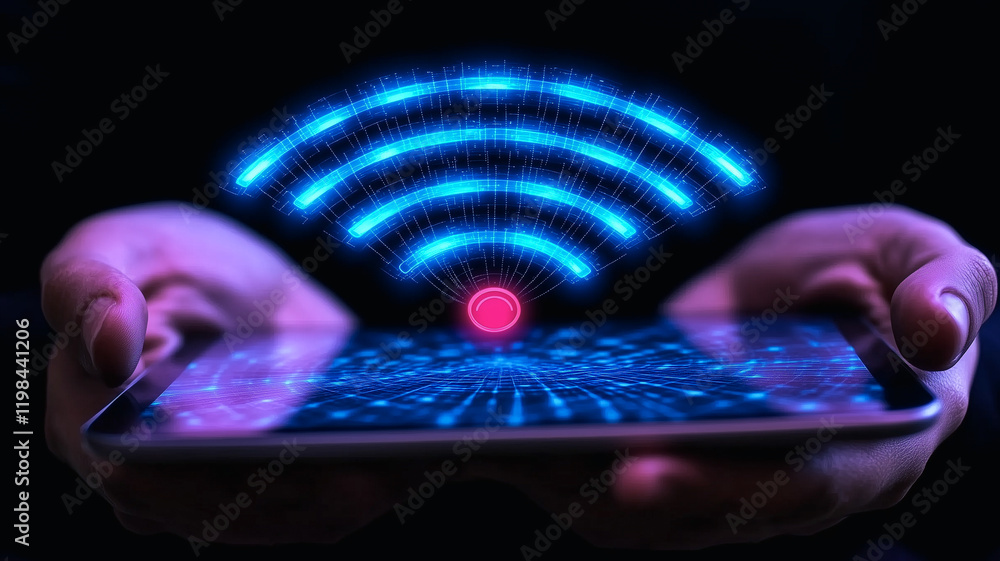 Aufkleber wireless connectivity: hands holding a smartphone with a glowing wifi symbol emanating from the scre