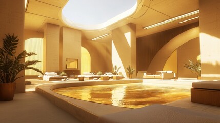 Luxurious minimalist spa with golden pool.