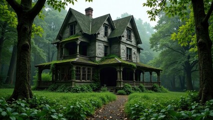 Enigmatic Abandoned Victorian Mansion Overgrown by Nature's Embrace in a Misty Woodland