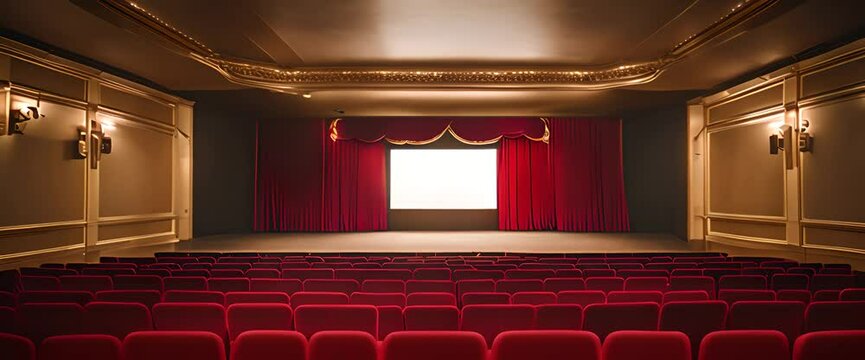 An empty cinema auditorium with red velvet seats, dim golden lights casting soft shadows, a large silver screen at the front, and a vintage popcorn machine in the corner