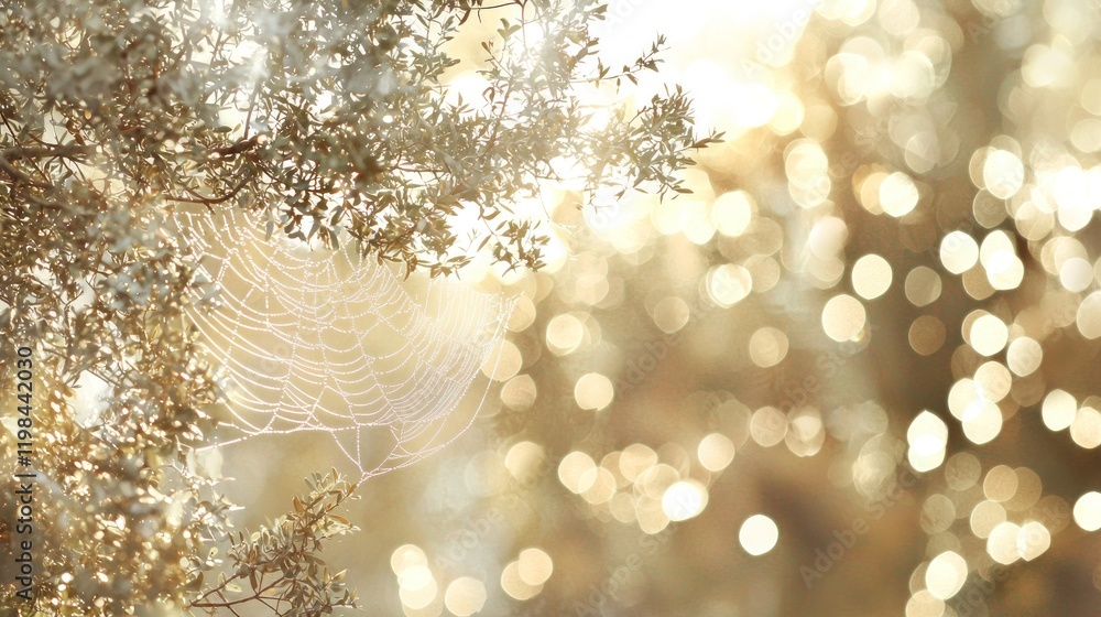 Poster Sunlit spiderweb on a bush with bokeh background.