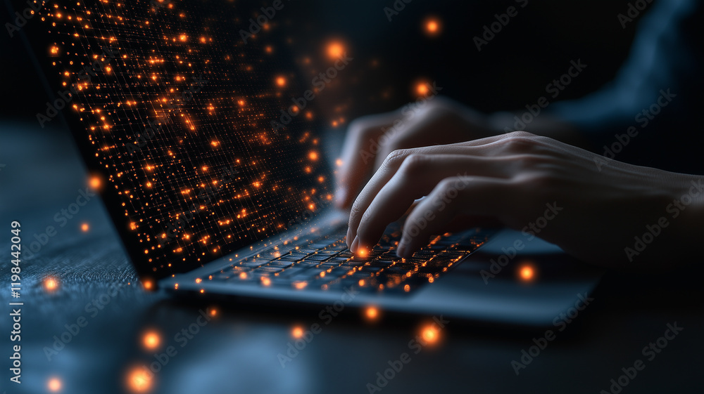Poster digital nomad at night: hands actively typing on a laptop keyboard, with a magical stream of glowing