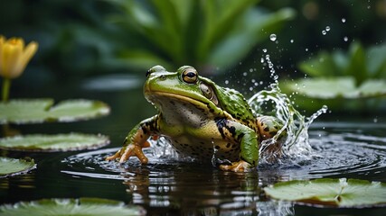 Obraz premium Energetic Leap: Bullfrog Jumping Between Lily Pads in a Colorful Pond