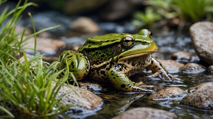 Obraz premium Master of Disguise: Bullfrog Concealed Among Rocks and Greenery