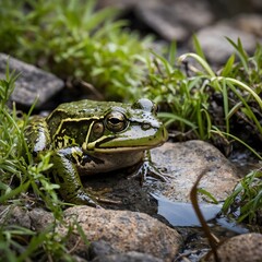 Obraz premium Nature's Camouflage: Bullfrog Blending with Rocks and Vegetation