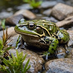 Fototapeta premium Blending In: Bullfrog Camouflaged Among Rocks and Lush Vegetation