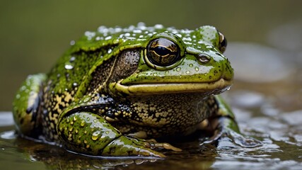 Obraz premium Frog’s Detail: A Close-Up of Bullfrog’s Textured Skin in Shallow Waters