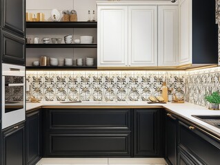 Fototapeta premium Elegant Black and White Kitchen Design With Gold Accents