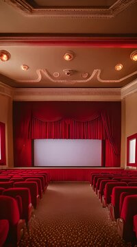 An empty cinema auditorium with red velvet seats, dim golden lights casting soft shadows, a large silver screen at the front, and a vintage popcorn machine in the corner