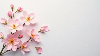 Fototapeta premium Delicate Pink Blossoms Arranged on a Soft White Background, a Springtime Floral Composition for Elegant Design Projects