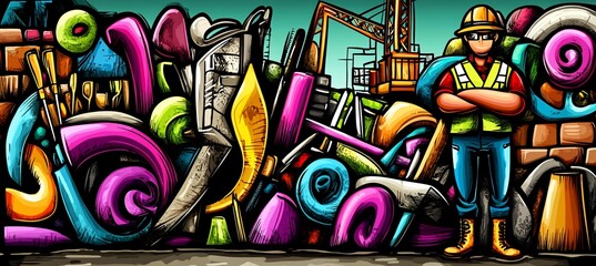 Colorful graffiti art depicting construction worker amidst tools and equipment.