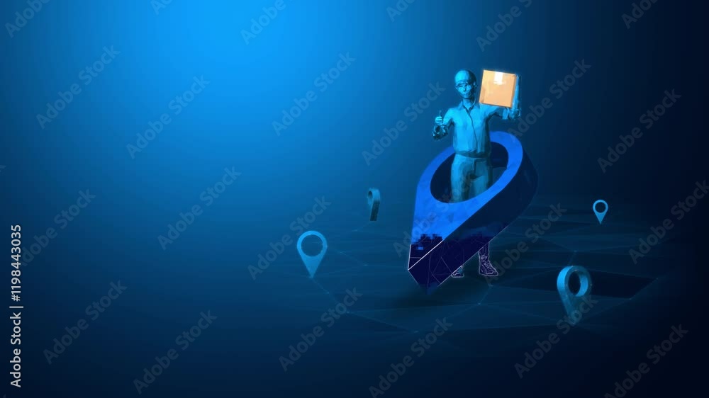 Poster low-poly 3d of product delivery concept with geolocation markers in futuristic design, looped animat