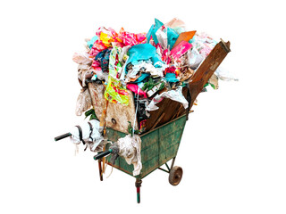 Overfilled Waste Cart: A rusty green metal cart overflows with a chaotic jumble of discarded materials, including plastic, paper, wood, and fabric.