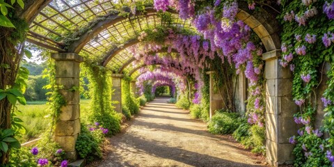 Fototapeta premium Serene Pathway Underneath a Blossoming Floral Archway, Illuminating a Tranquil Garden Scene