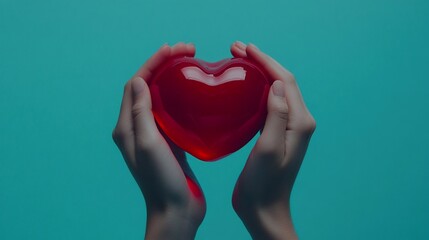 Fototapeta premium Two hands gently cradling a translucent red heart against a teal background.