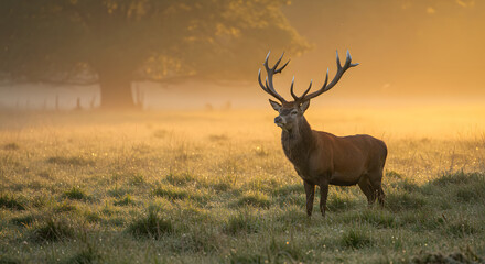 As the sun rises, it bathes the Red Deer in a warm and radiant light.
