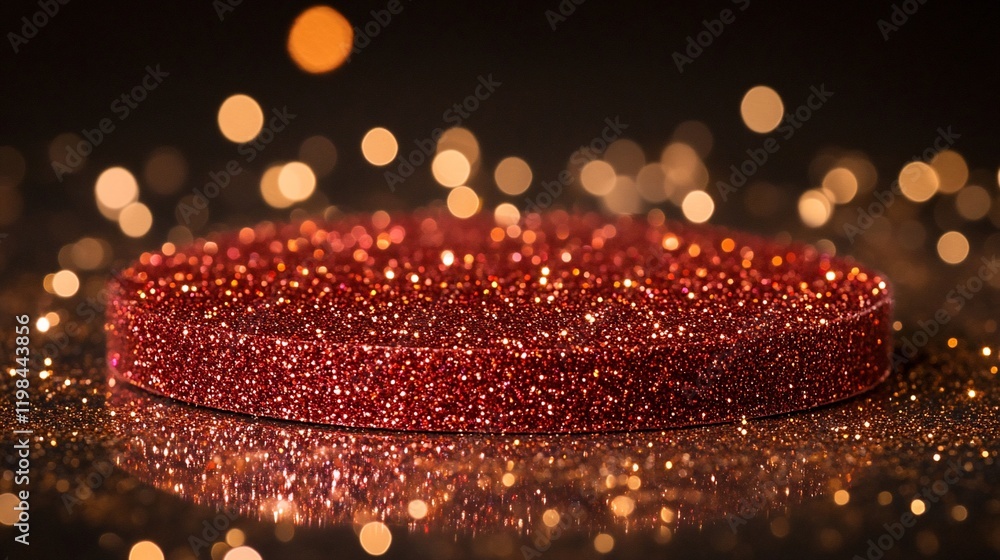 Poster red glitter platform on dark background with bokeh lights.