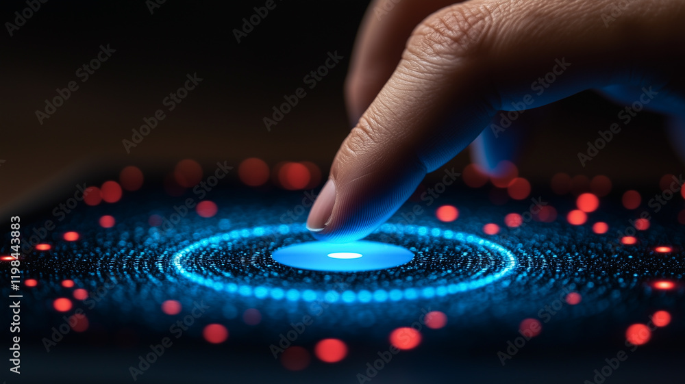 Poster digital touch: a finger gently touches a glowing circular interface on a dark touchscreen, activatin