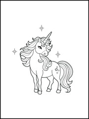 Black and white printable Unicorn coloring pages for kids. Children's coloring books with cute unicorn cartoon character, fun and educational materials for kindergarten.
