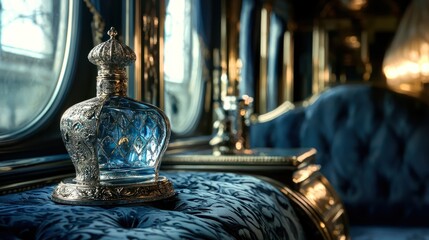 Ornate blue glass perfume bottle on a luxurious blue velvet surface inside a vintage train carriage.