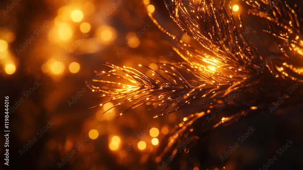 Poster close-up of golden, illuminated pine branch with bokeh lights.