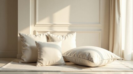 Fototapeta premium Serene Cream-Colored Pillows Resting on a Soft Rug in a Sunlit Room with Elegant Wall Paneling