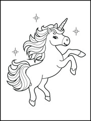 Black and white printable Unicorn coloring pages for kids. Children's coloring books with cute unicorn cartoon character, fun and educational materials for kindergarten.
