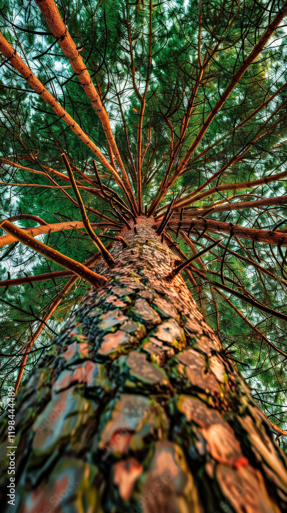 Poster tree with a trunk that is very thick and has a lot of bark. the bark is brown and the tree is very t
