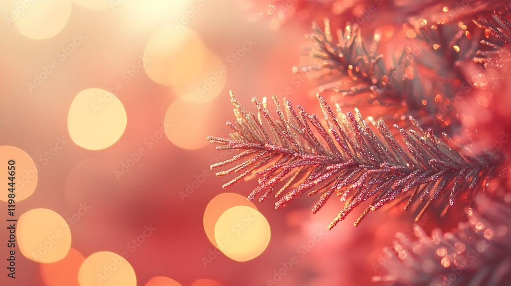 Poster close-up of a frosted pine branch with bokeh lights.