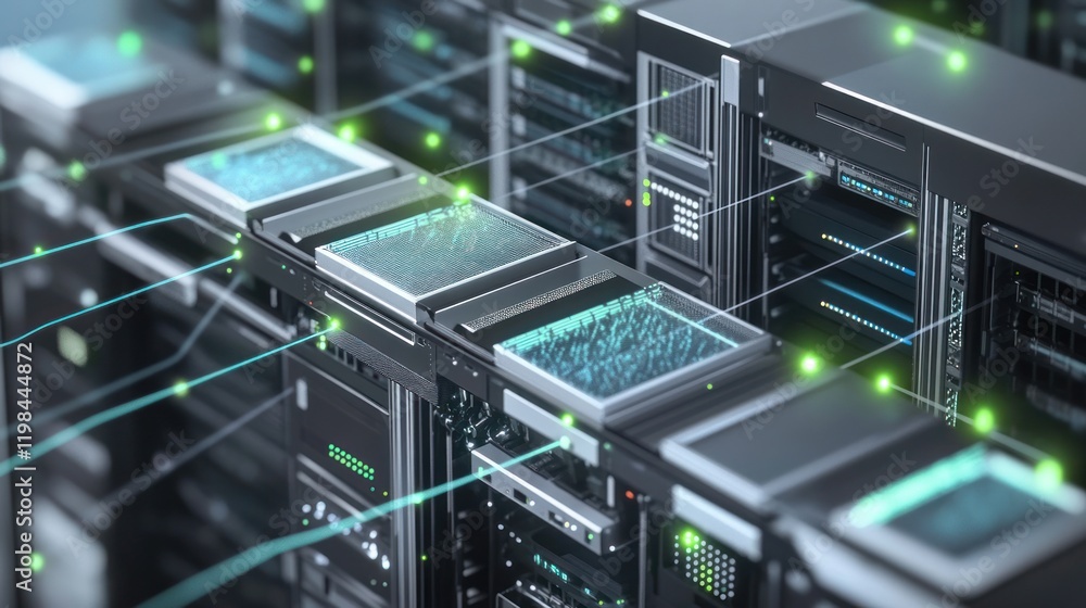 Poster futuristic data center network: high-tech server farm visualization