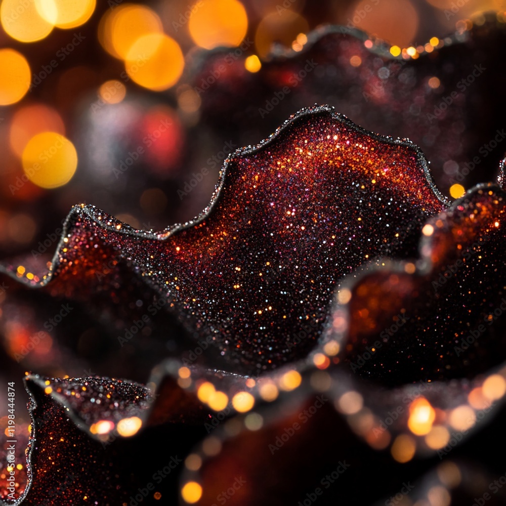 Poster close-up of dark red glittering fabric with wavy texture and bokeh lights.