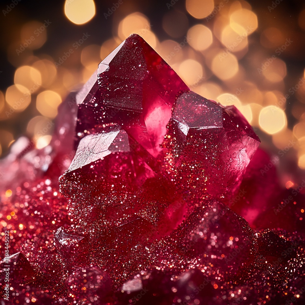 Poster sparkling red crystal cluster on bokeh background.