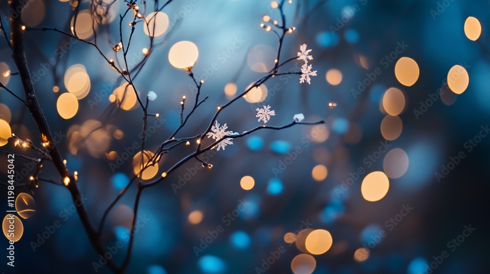 Poster illuminated branches with artificial snowflakes against a bokeh background.