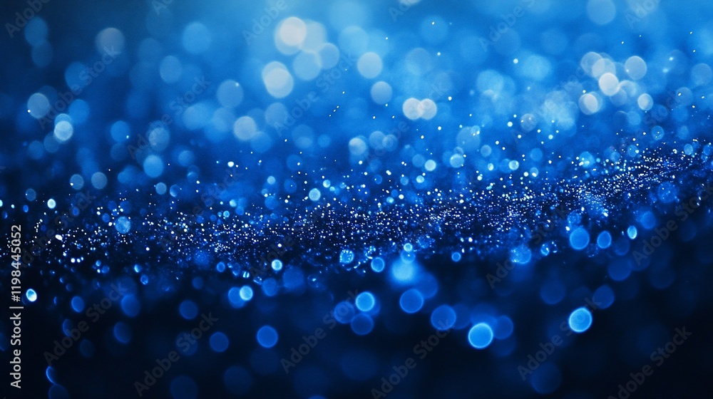 Poster abstract blue bokeh background with glittering particles.