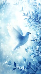 Fototapeta premium Serene White Dove Soaring in a Dreamlike Blue Forest