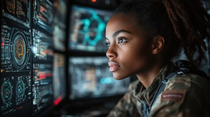 Focused military personnel analyzing high-tech data in a control room with digital displays