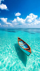 A vibrant, turquoise sea surrounds a solitary wooden boat under a bright blue sky dotted with fluffy white clouds.