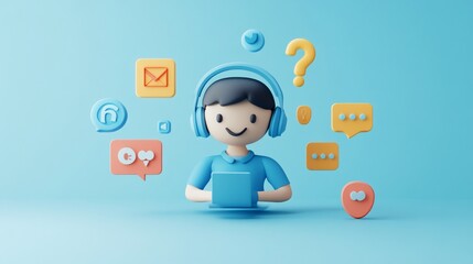 Happy cartoon character using laptop, headphones, surrounded by communication icons.