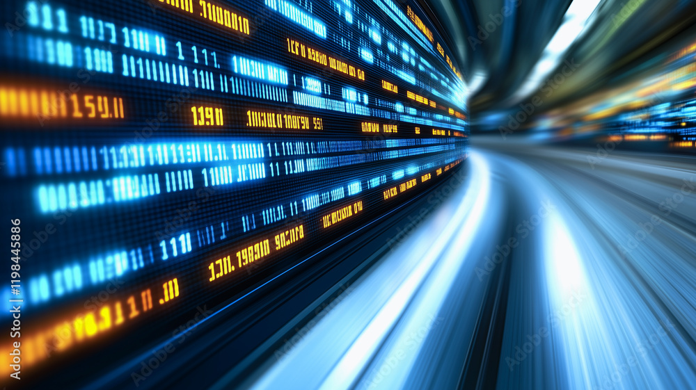 Poster digital speed tunnel: abstract image depicting a futuristic tunnel of binary code racing past at hig