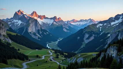 Golden sunset paints the sky as it dips behind pristine snow-covered peaks. A winding road leads into this serene mountain vista, inviting exploration beneath an amber-hued horizon