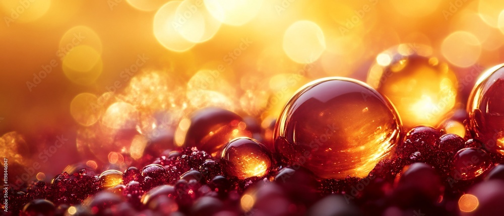 Poster amber and ruby spheres on bokeh background.
