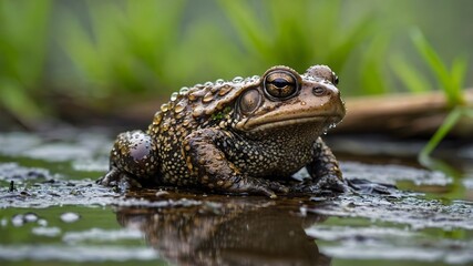 Wetland Serenity: Common Toad Resting on Log Amid Raindrops